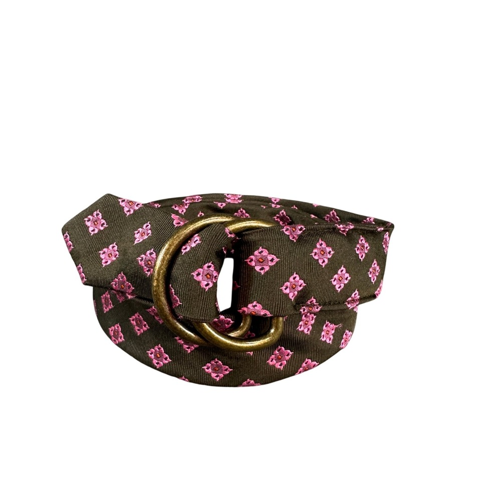 J.Crew Brown Pink Silk Foulard D-Ring Belt Antique Brass Buckle Size M/L